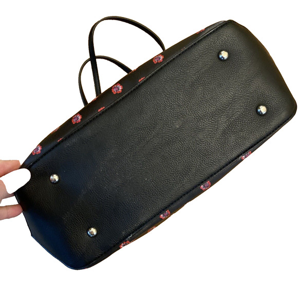 Nine West Large Tote Bag Purse Black w/ Red Pink Floral Geo Faux Leather Zip Top - Picture 2 of 10